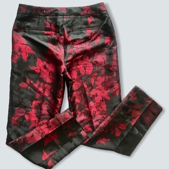 Gothic Glam Satin Trousers Red Floral Print Ankle Holiday Party - Picture 3 of 10